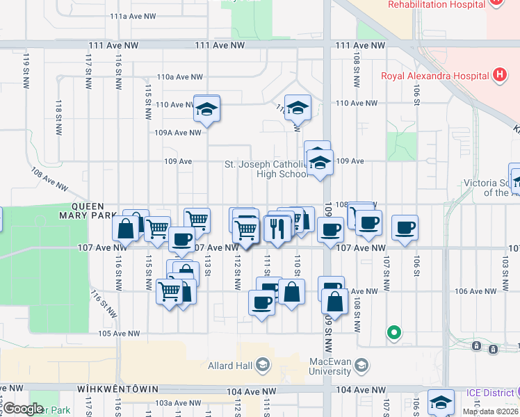 map of restaurants, bars, coffee shops, grocery stores, and more near 11107 108 Avenue Northwest in Edmonton