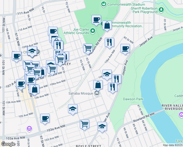 map of restaurants, bars, coffee shops, grocery stores, and more near 10630 92 Street Northwest in Edmonton