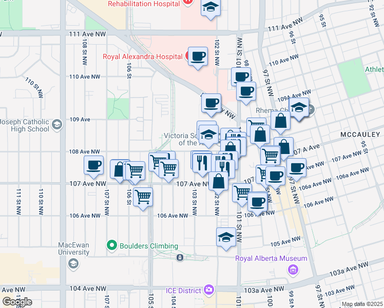 map of restaurants, bars, coffee shops, grocery stores, and more near 10750 103 Street Northwest in Edmonton