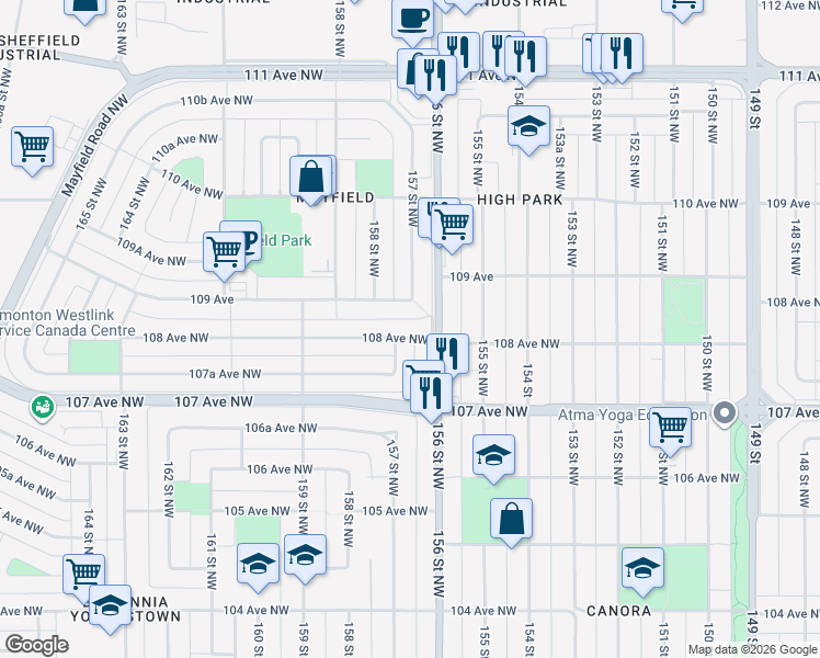 map of restaurants, bars, coffee shops, grocery stores, and more near 15616 108 Avenue Northwest in Edmonton