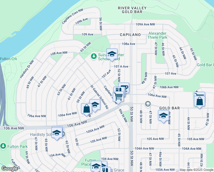 map of restaurants, bars, coffee shops, grocery stores, and more near 10651 Capilano Street Northwest in Edmonton