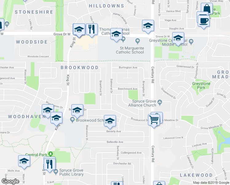 map of restaurants, bars, coffee shops, grocery stores, and more near 2 Beechmont Avenue in Spruce Grove