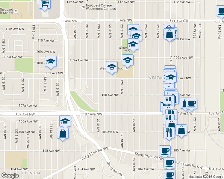 map of restaurants, bars, coffee shops, grocery stores, and more near 10811 129 Street Northwest in Edmonton
