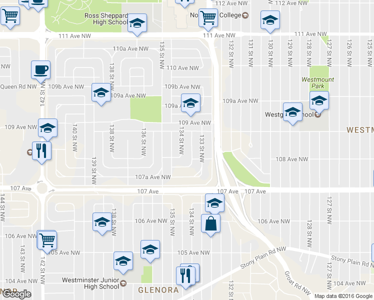 map of restaurants, bars, coffee shops, grocery stores, and more near 10811 134 Street Northwest in Edmonton