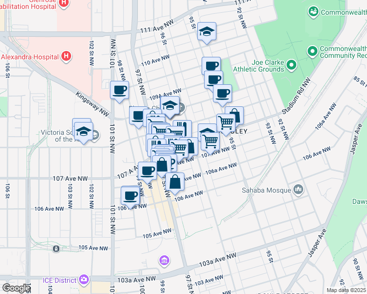 map of restaurants, bars, coffee shops, grocery stores, and more near 9611 107 A Avenue in Edmonton
