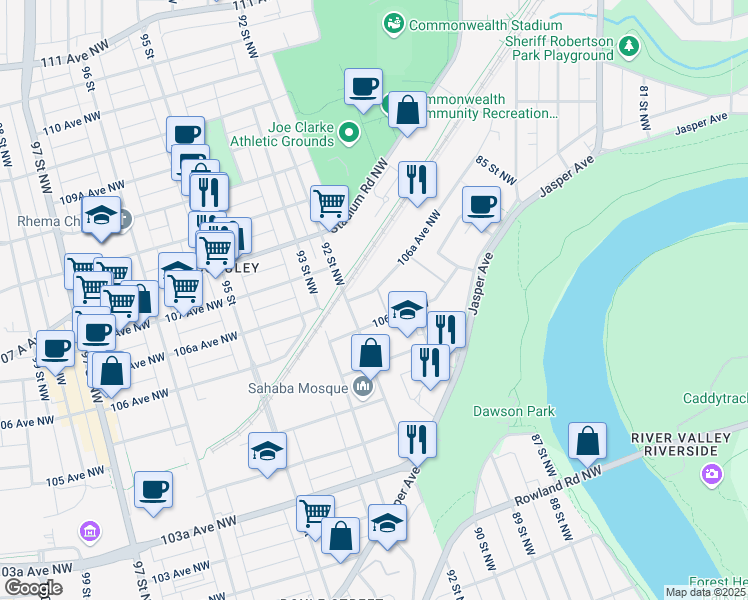 map of restaurants, bars, coffee shops, grocery stores, and more near 9115 106A Avenue Northwest in Edmonton