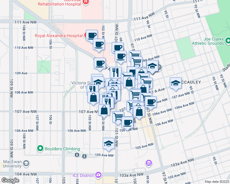 map of restaurants, bars, coffee shops, grocery stores, and more near 10105 108 Avenue Northwest in Edmonton