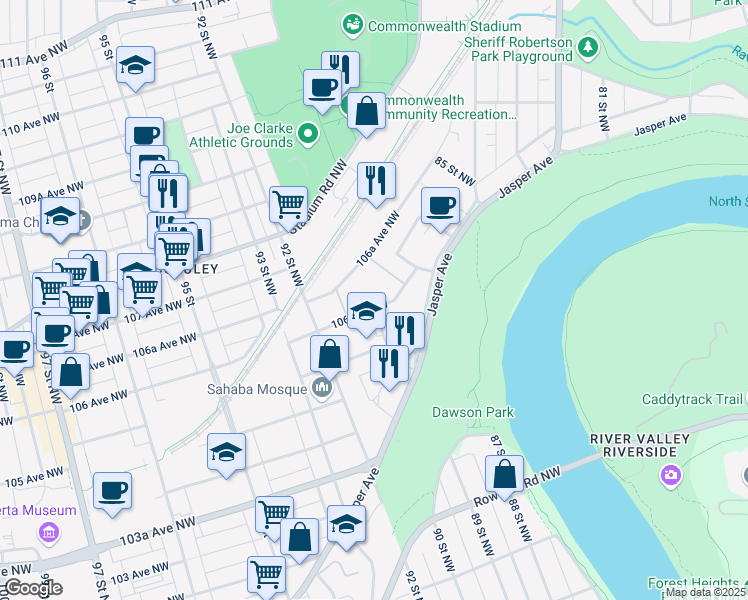 map of restaurants, bars, coffee shops, grocery stores, and more near 9010 106 Avenue Northwest in Edmonton