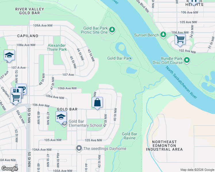 map of restaurants, bars, coffee shops, grocery stores, and more near 4207 106B Avenue in Edmonton