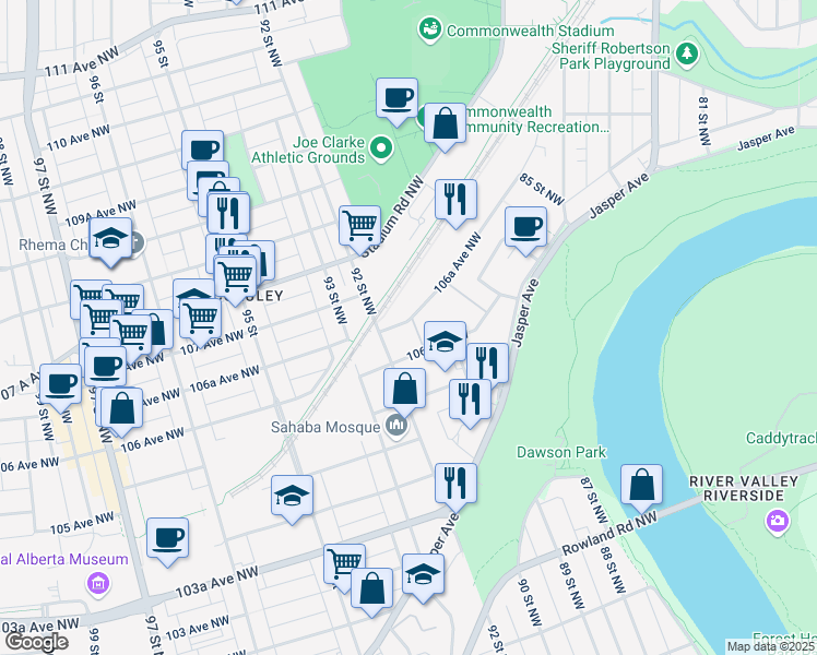 map of restaurants, bars, coffee shops, grocery stores, and more near 9010 106 Avenue Northwest in Edmonton