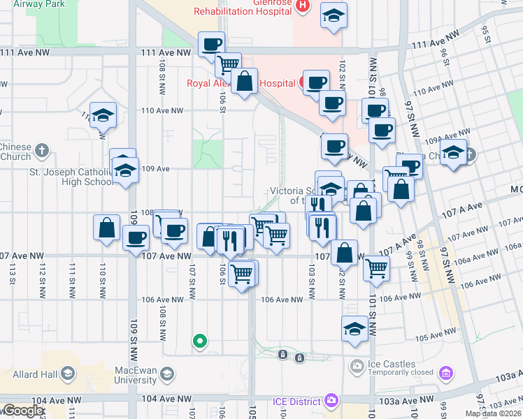 map of restaurants, bars, coffee shops, grocery stores, and more near 10440 108 Avenue Northwest in Edmonton