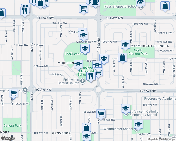 map of restaurants, bars, coffee shops, grocery stores, and more near 10810 142 Street Northwest in Edmonton