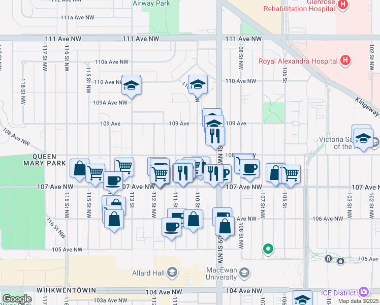 map of restaurants, bars, coffee shops, grocery stores, and more near 11010 108 Avenue Northwest in Edmonton
