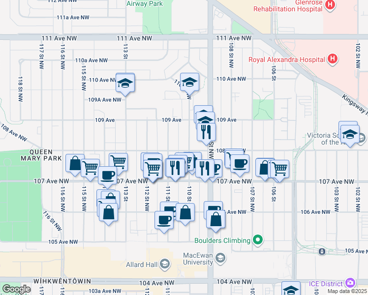 map of restaurants, bars, coffee shops, grocery stores, and more near 11010 108 Avenue Northwest in Edmonton