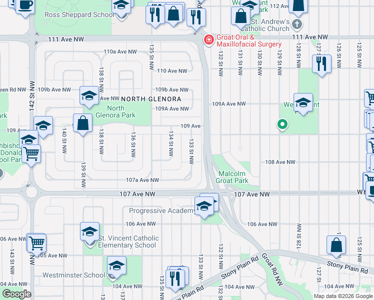 map of restaurants, bars, coffee shops, grocery stores, and more near 10811 134 Street Northwest in Edmonton