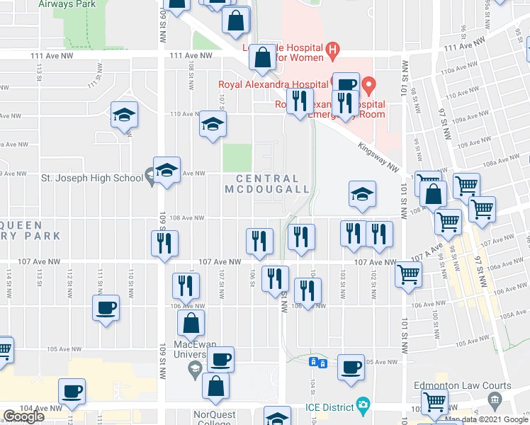 map of restaurants, bars, coffee shops, grocery stores, and more near 10520 108 Avenue Northwest in Edmonton