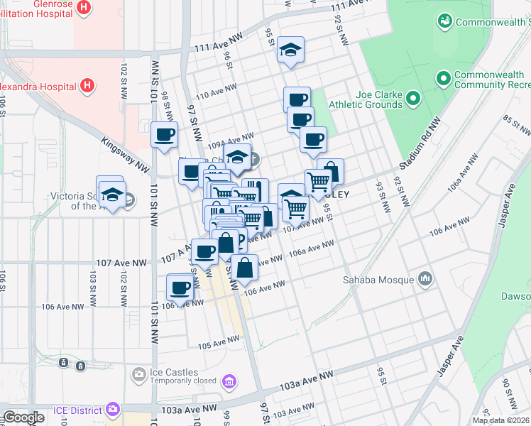 map of restaurants, bars, coffee shops, grocery stores, and more near 9611 107 A Avenue in Edmonton
