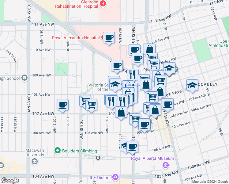 map of restaurants, bars, coffee shops, grocery stores, and more near 10210 108 Avenue Northwest in Edmonton