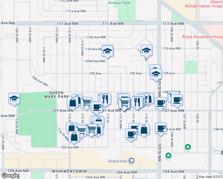 map of restaurants, bars, coffee shops, grocery stores, and more near 10803 113 Street in Edmonton