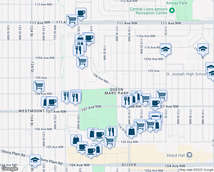 map of restaurants, bars, coffee shops, grocery stores, and more near 11715D 108 Avenue Northwest in Edmonton