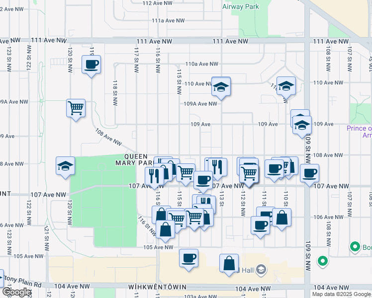 map of restaurants, bars, coffee shops, grocery stores, and more near 10810 114 Street Northwest in Edmonton