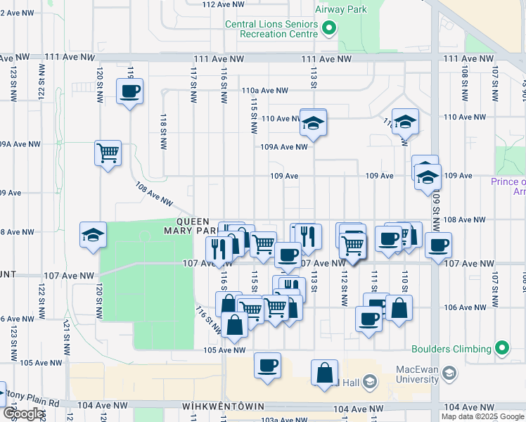 map of restaurants, bars, coffee shops, grocery stores, and more near 10810 114 Street Northwest in Edmonton