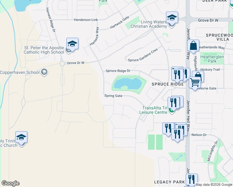 map of restaurants, bars, coffee shops, grocery stores, and more near 3 Spring Link in Spruce Grove