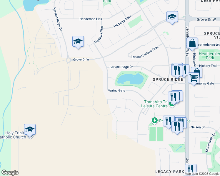 map of restaurants, bars, coffee shops, grocery stores, and more near 70 Spring Gate in Spruce Grove