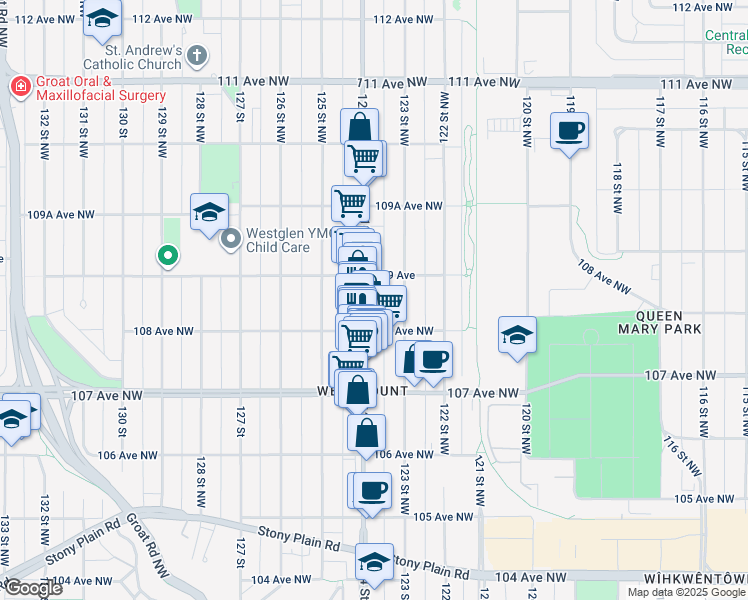 map of restaurants, bars, coffee shops, grocery stores, and more near 12311 108 Avenue Northwest in Edmonton