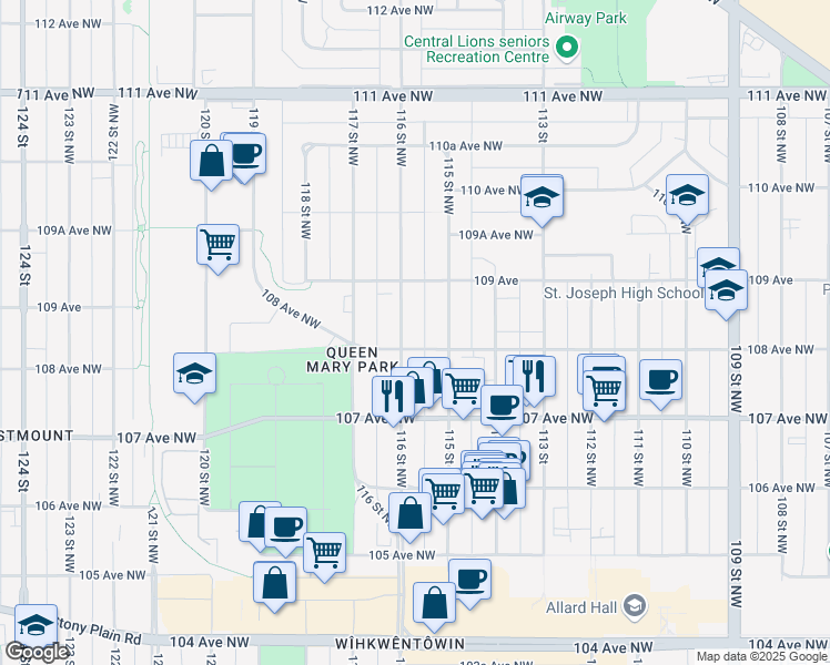 map of restaurants, bars, coffee shops, grocery stores, and more near 10750 116 Street Northwest in Edmonton