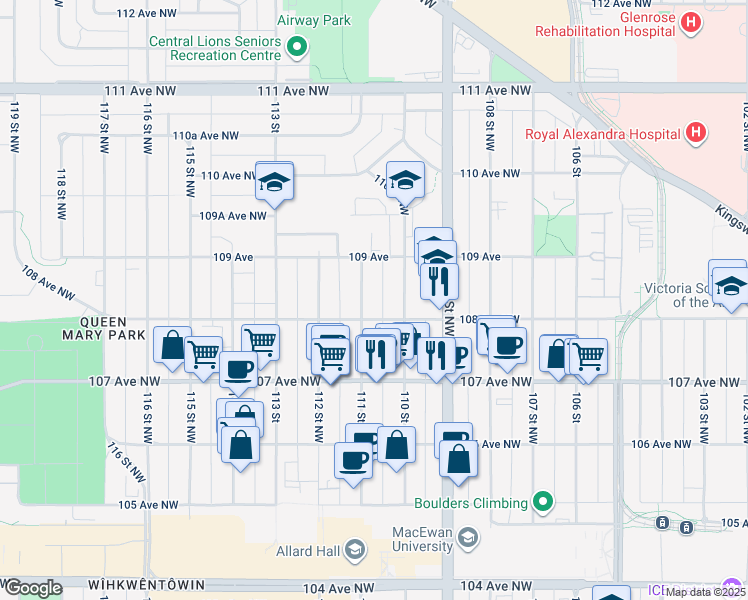 map of restaurants, bars, coffee shops, grocery stores, and more near in Edmonton