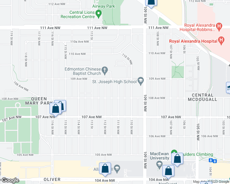 map of restaurants, bars, coffee shops, grocery stores, and more near 11107 108 Avenue Northwest in Edmonton
