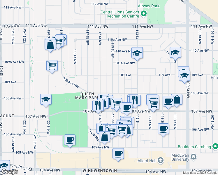 map of restaurants, bars, coffee shops, grocery stores, and more near 10804 115 Street Northwest in Edmonton