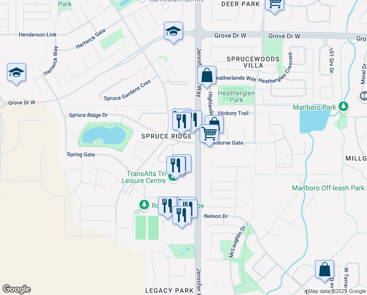 map of restaurants, bars, coffee shops, grocery stores, and more near 412 Spruce Ridge Drive in Spruce Grove