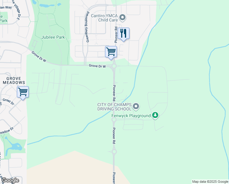 map of restaurants, bars, coffee shops, grocery stores, and more near Pioneer Road in Spruce Grove