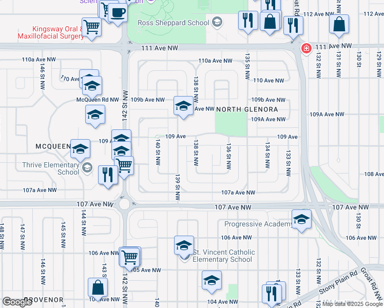 map of restaurants, bars, coffee shops, grocery stores, and more near 10830 138 Street Northwest in Edmonton