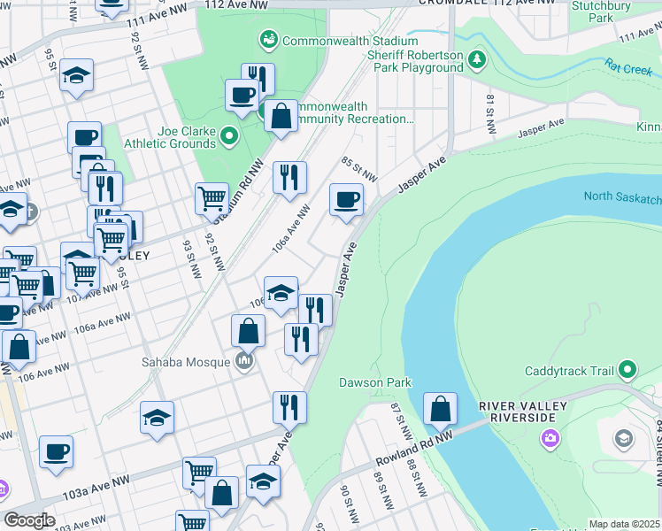 map of restaurants, bars, coffee shops, grocery stores, and more near 8820 Jasper Avenue in Edmonton