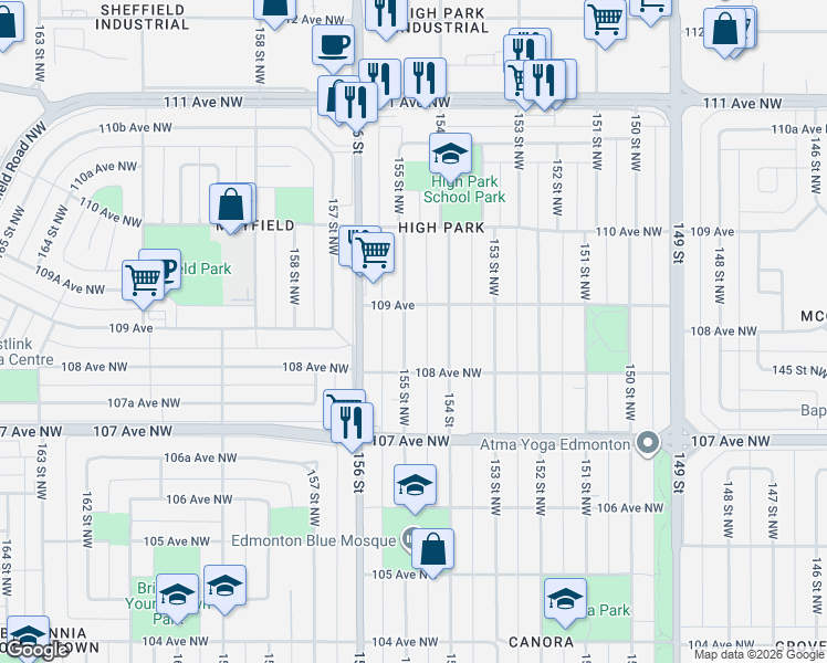 map of restaurants, bars, coffee shops, grocery stores, and more near 10812 155 Street Northwest in Edmonton