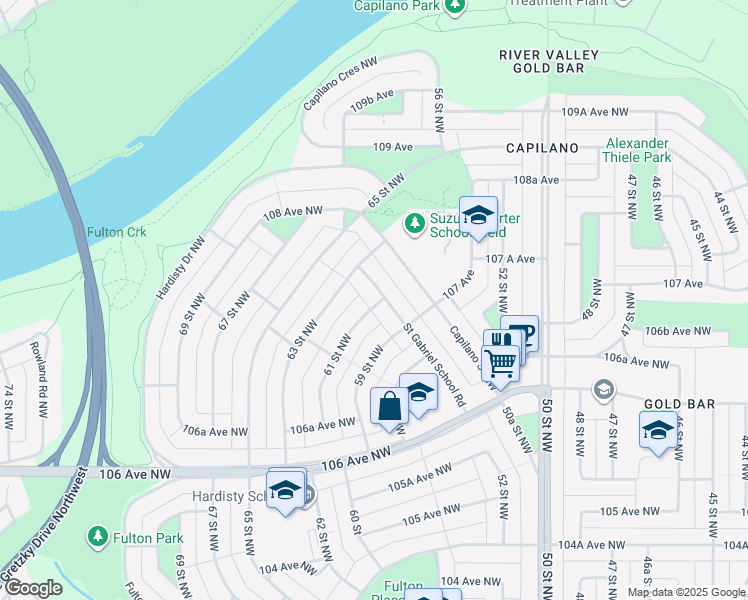 map of restaurants, bars, coffee shops, grocery stores, and more near 10676 59 Street Northwest in Edmonton