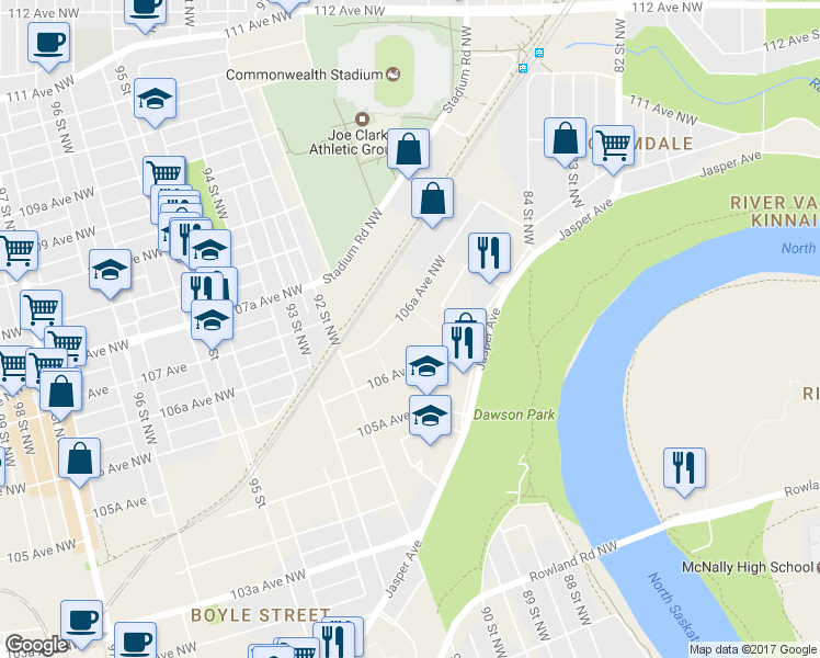 map of restaurants, bars, coffee shops, grocery stores, and more near in Edmonton
