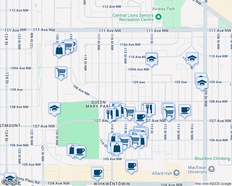 map of restaurants, bars, coffee shops, grocery stores, and more near 10750 116 Street Northwest in Edmonton