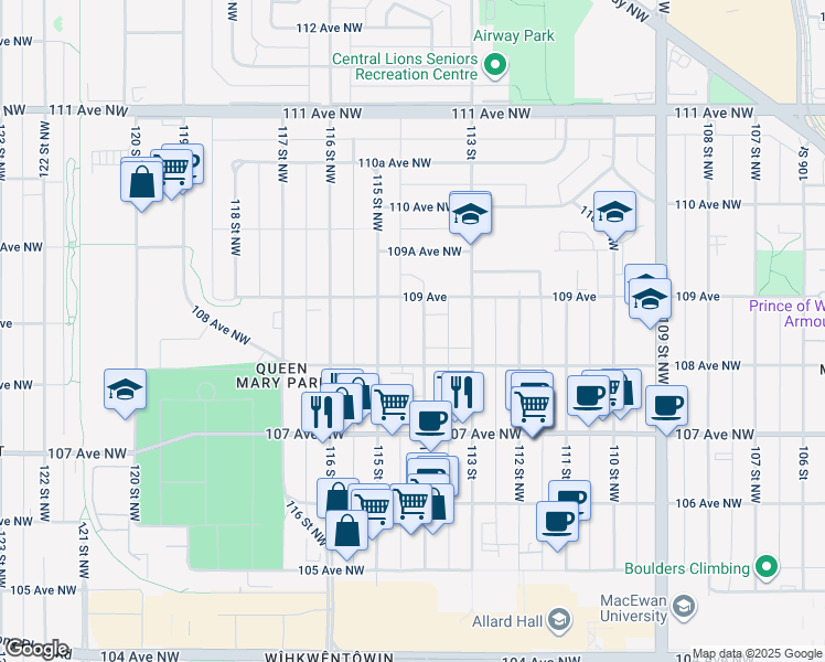 map of restaurants, bars, coffee shops, grocery stores, and more near 10820 114 Street Northwest in Edmonton