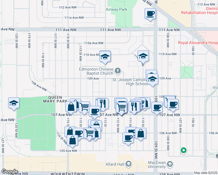 map of restaurants, bars, coffee shops, grocery stores, and more near 11245 109 Avenue in Edmonton