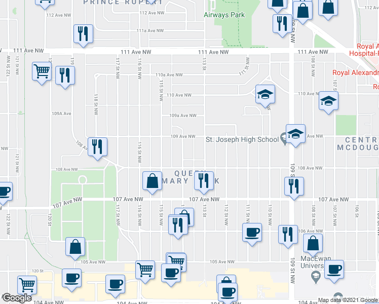 map of restaurants, bars, coffee shops, grocery stores, and more near in Edmonton