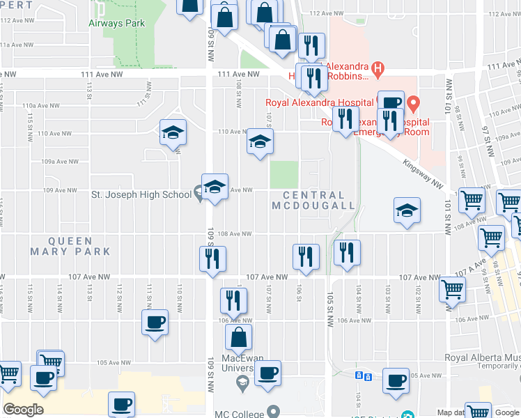 map of restaurants, bars, coffee shops, grocery stores, and more near 10842 107 Street Northwest in Edmonton