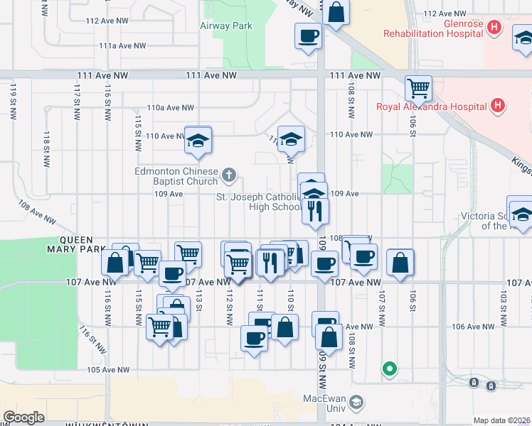 map of restaurants, bars, coffee shops, grocery stores, and more near in Edmonton