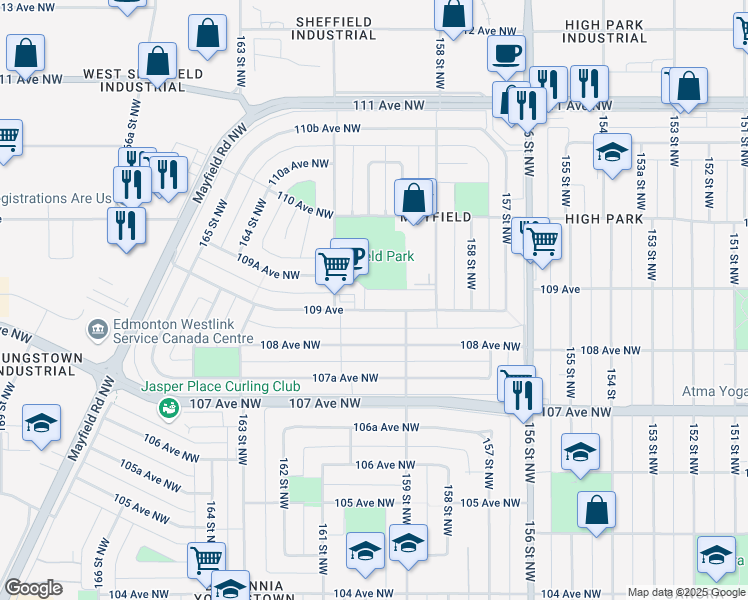 map of restaurants, bars, coffee shops, grocery stores, and more near 15930 109 Avenue Northwest in Edmonton