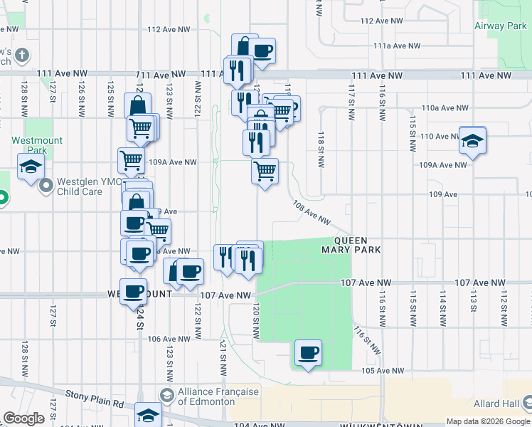 map of restaurants, bars, coffee shops, grocery stores, and more near 10917 120 Street in Edmonton