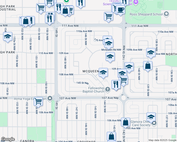 map of restaurants, bars, coffee shops, grocery stores, and more near 14504 108 Avenue Northwest in Edmonton