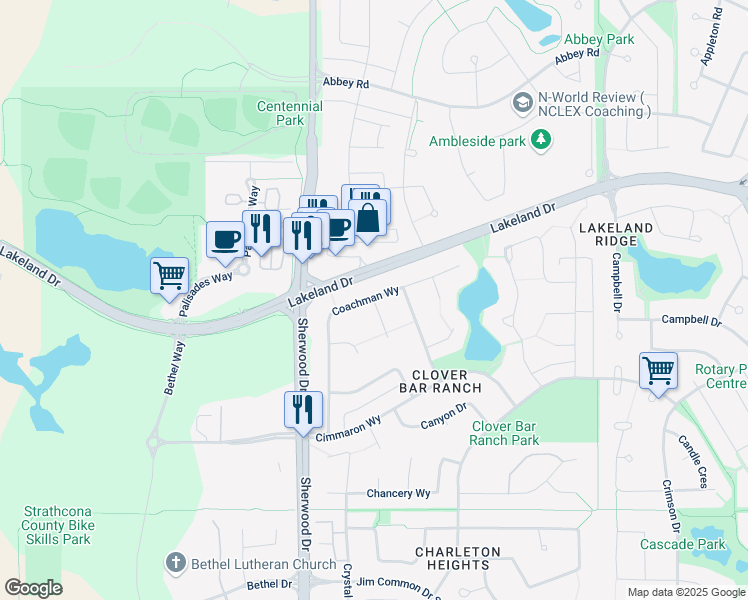 map of restaurants, bars, coffee shops, grocery stores, and more near 2 Coachman Court in Sherwood Park